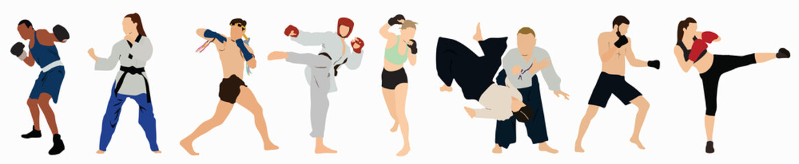 men and women practice different types of martial arts, combat sports, fighters - obrazy, fototapety, plakaty