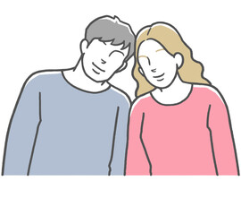 肩を寄せ合う若い国際カップル　アジア人男性と西洋人女性