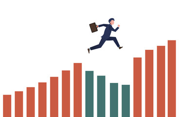 飛び越える男性会社員　ビジネス　グラフ　人物フラットイラスト　Avoid difficulties!