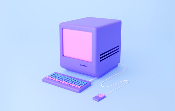 3D computer 90s. 3D rendering illustration in cartoon style. In pink and blue tones.