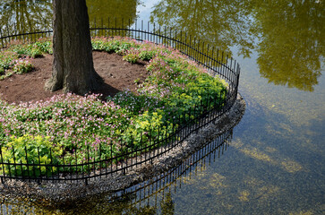 an island with a tree lined with perennials and a fence against entry of ducks by a low metal fence...