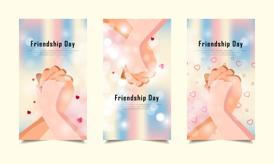 celebration friendship day design template stories with hand shake people and pastel background vector
