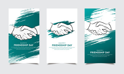 celebration friendship day design template stories with brush stroke and hand shake silhouette vector