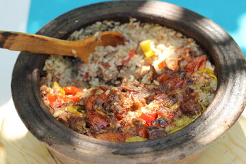 Authentic Turkish Testi Kebab cooked in earthenware waterjug, Turkish name; Testi kebabi