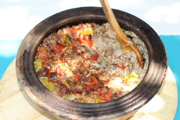 Authentic Turkish Testi Kebab cooked in earthenware waterjug, Turkish name; Testi kebabi