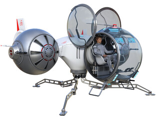 Futuristic pilot sitting in the cabin of Sci-Fi aircraft 3d render. - 512920197