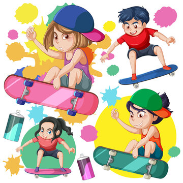 Children on skateboard seamless pattern