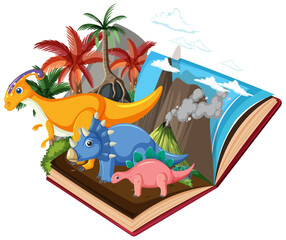 Opened book with dinosaur in prehistoric forest