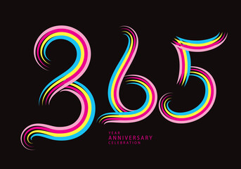 365 number design vector, graphic t shirt, 365 years anniversary celebration logotype colorful line,365th birthday logo, Banner template, logo number elements for invitation card, poster, t-shirt. - obrazy, fototapety, plakaty