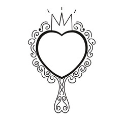 Princess crown mirror frame. Hand drawn doodle handle mirror with crown baby princess decorate border. Vector sketch illustration isolated on white background.