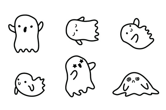 Halloween little ghost in cute kawaii style. Doodle ghost. funny smiling ghosts set, spirit on white background. trick or treat stock cartoon image.
