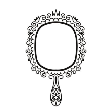 Princess crown mirror frame. Hand drawn doodle handle mirror with crown baby princess decorate border. Vector sketch illustration isolated on white background.