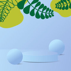 Modern Stage for display product. Pastel Blue Abstract Background with podium and leaves