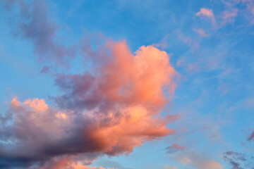 Purple, pink and orange tints clouds in the blue sky at sunset. Big fluffy cumulus cloud. Scenic wallpaper. Nature background. Colorful space. Evening cloudscape. Peace concept. Heaven paradise. Pure