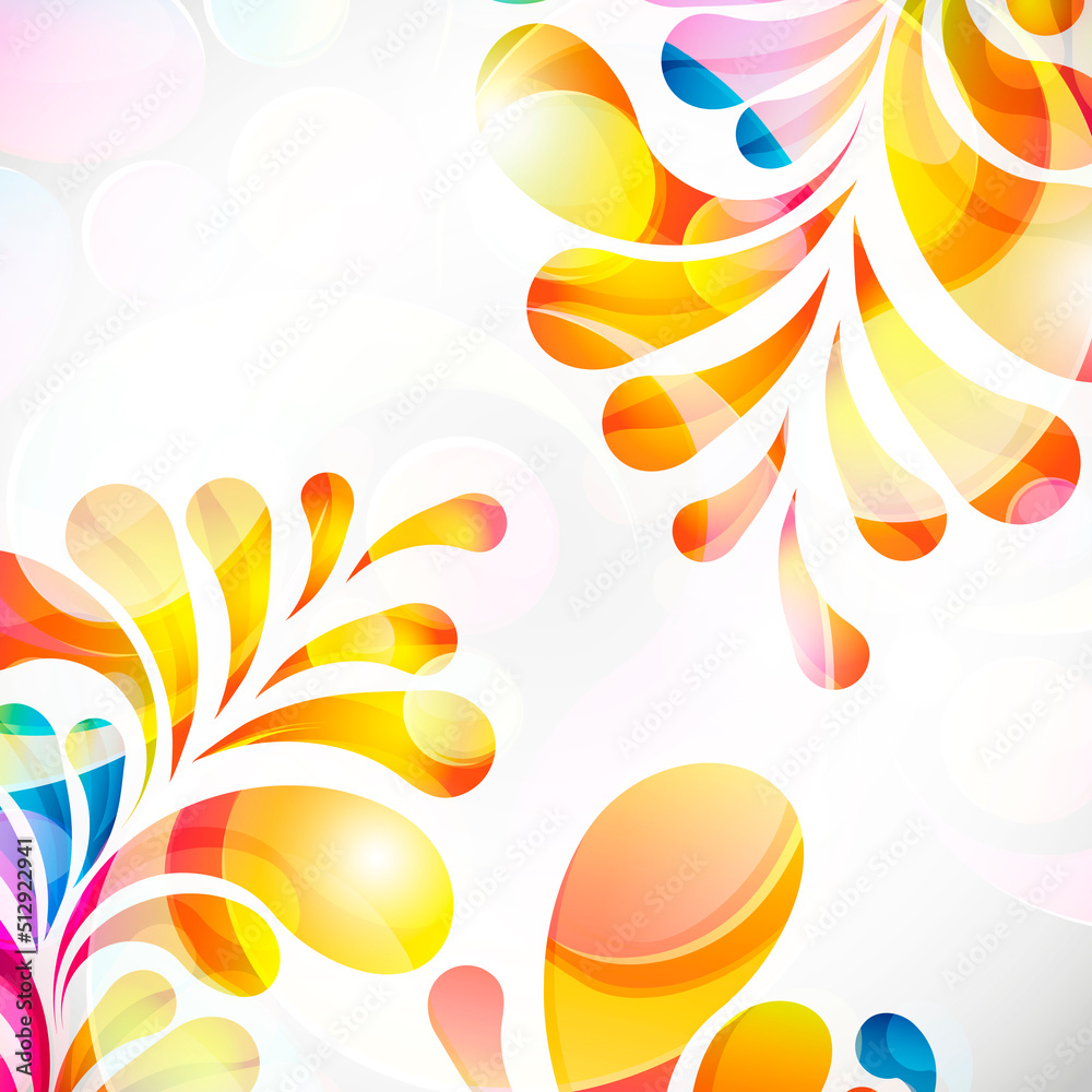 Poster abstract colorful paisley arc-drop pattern on a white background. transparent colorful drops and cir