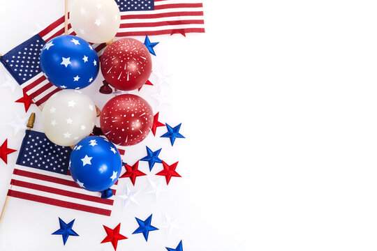 Independence Day background with american flags, balloons, stars. 4th july frame