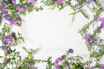 Flower frame with white space background. Beautiful blooming meadow composition. Greeting card, wedding, summer, spring, Mother's day, Valentines, birthday party invitation. Green leaves and pink buds