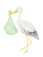 Stork with baby boy in green blanket. Neutral newborn watercolor illustration. Maternity clipart element isolated on white background.