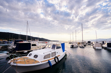 Fototapeta premium Marina harbour with beautiful white yachts in Split, Croatia.