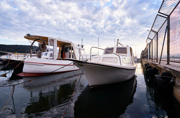 Fototapeta premium Marina harbour with beautiful white yachts in Split, Croatia.