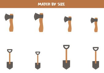 Matching game for preschool kids. Match axes and shovels by size.