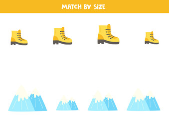 Matching game for preschool kids. Match boots and mountains by size.