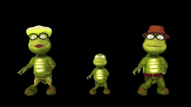 Turtles Loop Dance animation.Full HD 1920&times;1080.9 Second Long.Transparent Alpha video.LOOP.