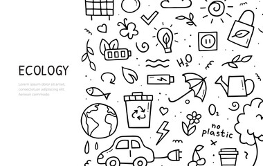 Hand drawn doodle set of ecology theme items. Horizontal banner template. Vector illustration.