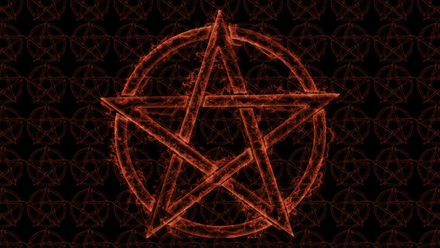 Pentagram drawn with real fire on air in a dark night