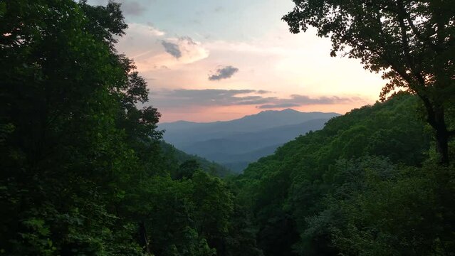 Sunset aerial of Blue Ridge Mountains in Blowing Rock, NC. 