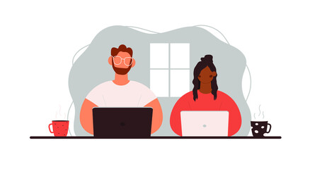 Man and African woman working together. Remote work, a couple working together. Vector illustration