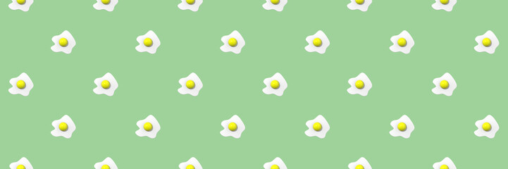 pattern. Image of chicken egg on pasty yellow green background. Egg with round yolk. Surface overlay pattern. Banner for insertion into site. 3D image. 3D rendering.