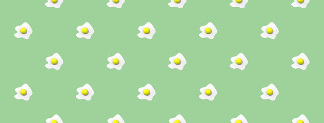 pattern. Image of chicken egg on pasty yellow green background. Egg with round yolk. Surface overlay pattern. Banner for insertion into site. 3D image. 3D rendering.