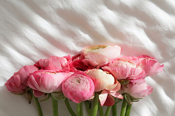 Close up shot of a gorgeous bouquet of ranunculus flowers lying on the white bedsheets. A morning...