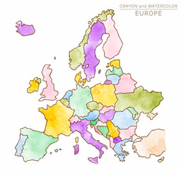 hand-drawn watercolor map of Europe