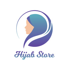 Muslim woman wearing hijab. Fashion logo design vector symbol. Scarf logo template for shop, store, print. Blue on white
