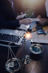 Business and lawyers discussing contract papers with brass scale on desk in office. Law, legal services, advice, justice and law concept picture with film grain effect