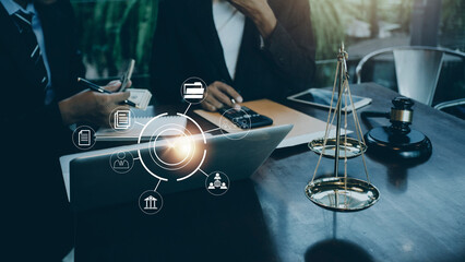 Business and lawyers discussing contract papers with brass scale on desk in office. Law, legal...