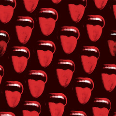 Vector seamless pattern with red lips that smile and show tongue and teeth. Bright stickers with sexy women's mouths on a black background. Wallpaper, wrapping paper, graphic print for clothes
