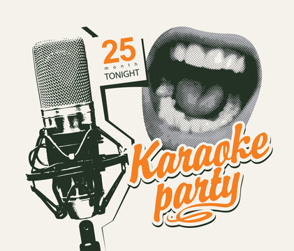 Vector poster for karaoke party in retro style with a singing mouth, a studio microphone and a calligraphic inscription. Suitable for advertising poster, music banner, flyer, invitation, ticket