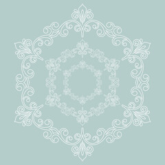 Oriental vector ornament with arabesques and floral elements. Traditional classic round light blue and white ornament. Vintage pattern with arabesques
