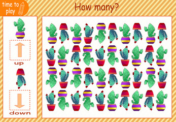 
children's educational game. a game of logic. how many pictures look up and how many down. cactus. plant. greenery. flower.