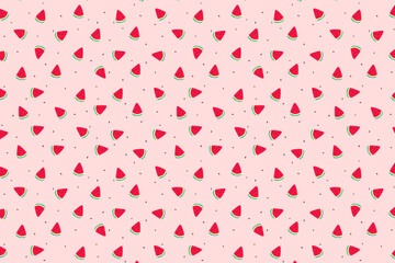 Vector watermelons pattern horizontal background. Cute summer fresh fruits print. Hand drawn Watermelon red slices and seeds repeat texture on pink background for wallpaper, design, decor, textile
