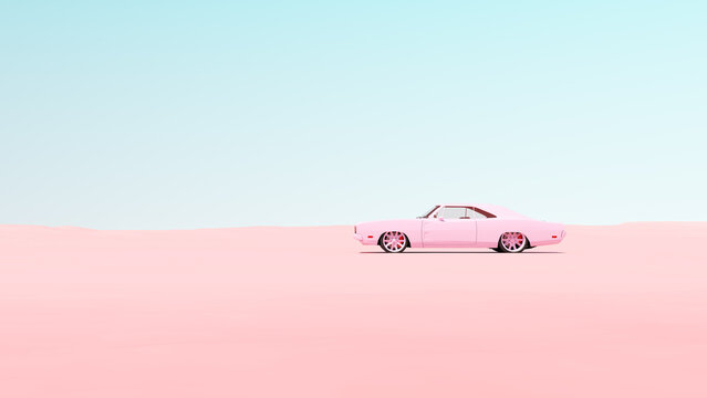 Pink Vintage Muscle Car Desert Sand Blue Sky Sunny Road Trip Rest Break Isolated Driving Pastel Serene Tranquillity 3d illustration render