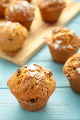 Vanilla muffins. Sweet cupcakes on blue background.