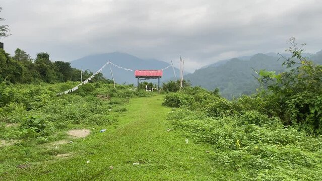 Beautiful scenery with traditional gompas where are burial famous lama at India Bhutan border with cloudy sky.