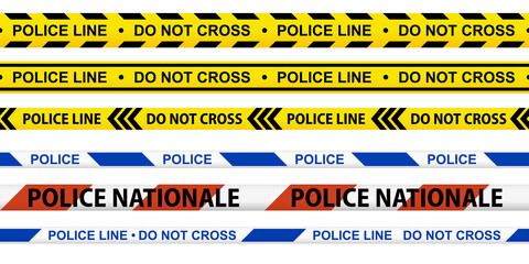 Caution tape set. Police line and do not cross ribbons. Yellow warning danger tapes. Abstract warning lines for police, accident, under construction. Horizontal seamless borders. Vector illustration