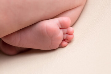 legs of a newborn on a white background. baby little foot