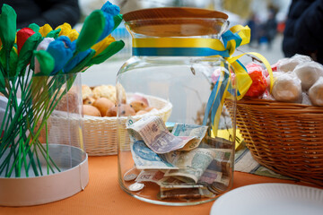 Piggy bank for collecting donations to help Ukraine.