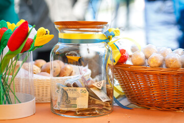 Piggy bank for collecting donations to help Ukraine.